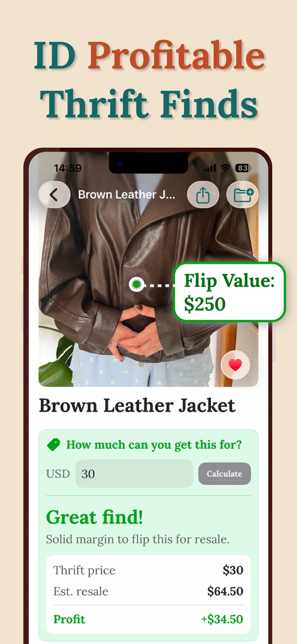 A brown leather jacket bought for 30 dollars, with an estimated resale price, the profit and a Great find verdict