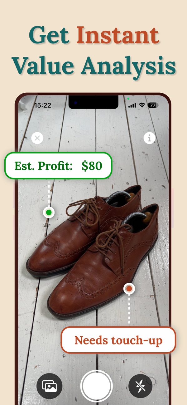 The camera pointed at a pair of brown leather shoes, labeled with an estimated profit and a note that they need a touch up