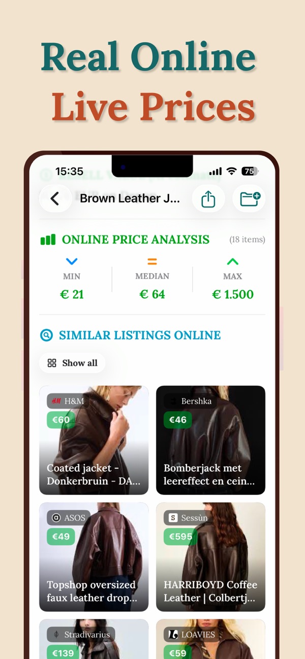 An online price analysis with the lowest, middle and highest price, above similar jackets for sale in other shops